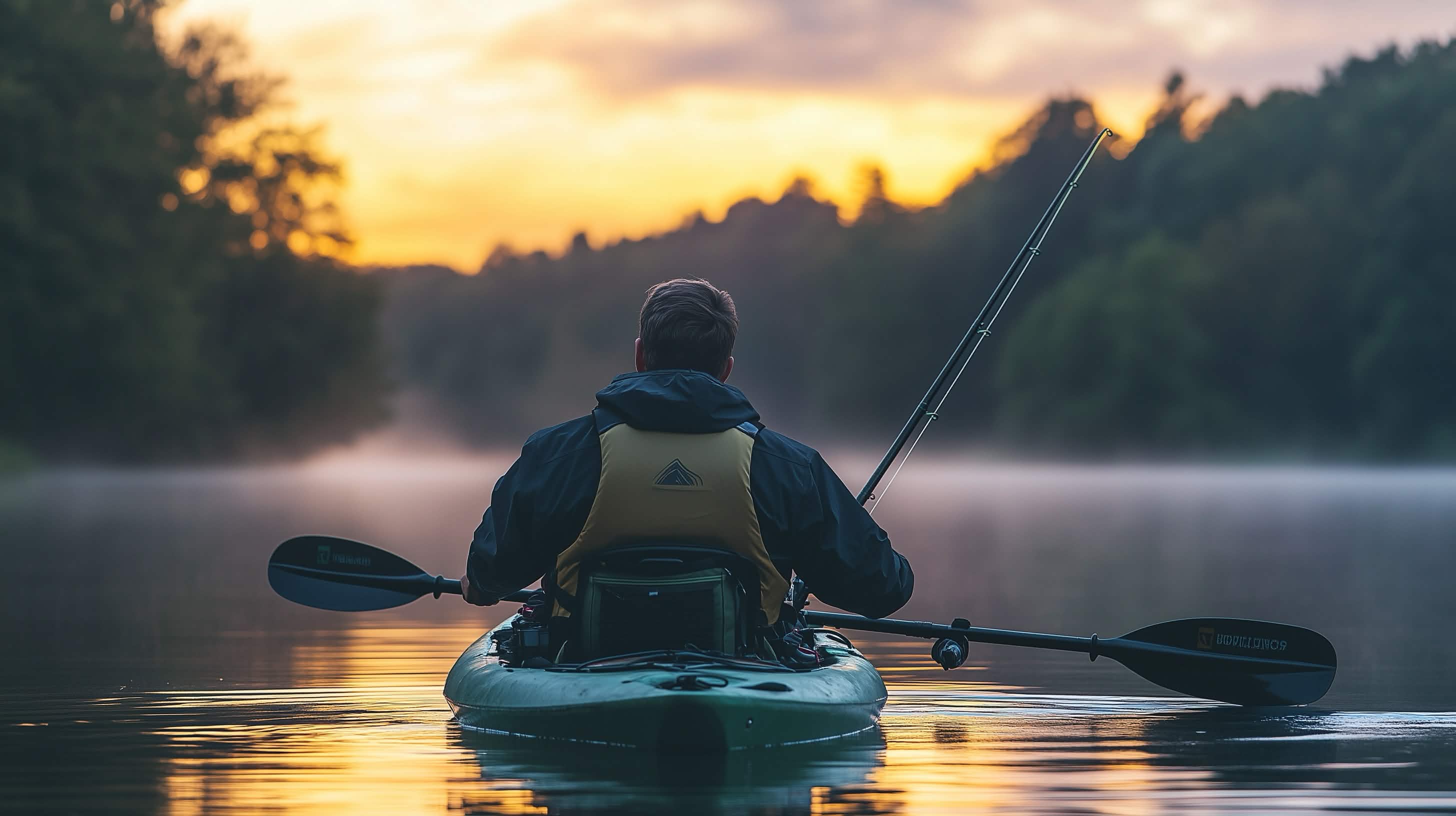 Angler kayak fishing at sunrise